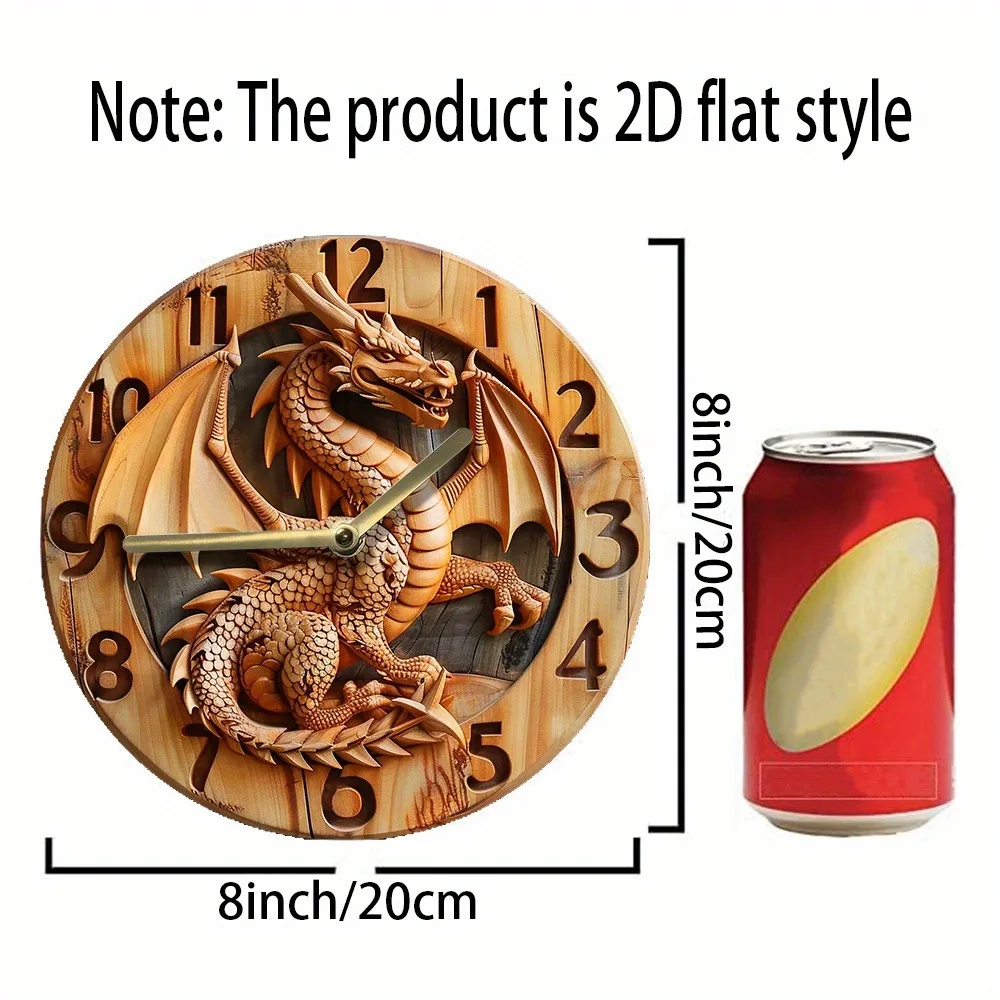 Wooden wall clock with a dragon carving, perfect for home or office decor. Requires AA batteries 2