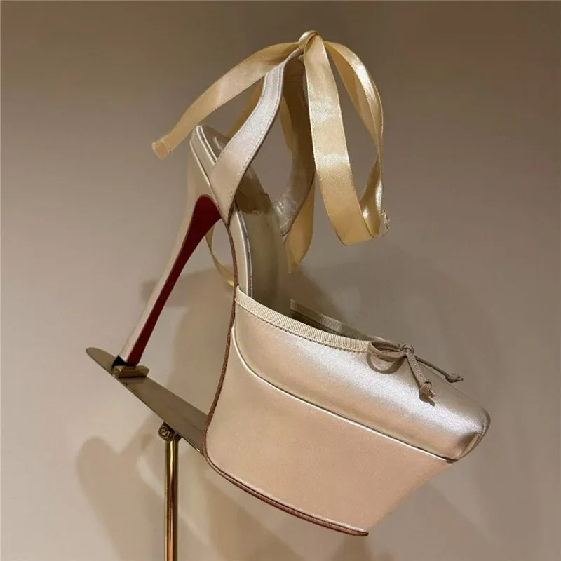 Women Lace-Up High Heeled Shoes for Woman's Square Toe Thin Heels Platform Pumps Mujer Pleated Slingback Wedding Luxury Sandals 2
