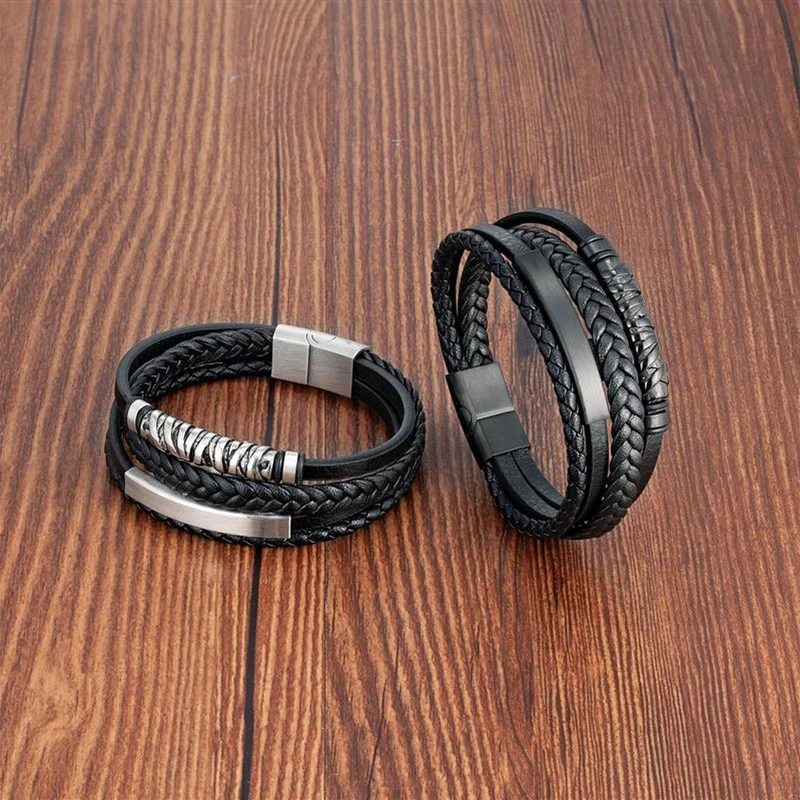 Viking Leather Bracelets for Men Multilayer Stainless Steel Insert Braided Bangles Punk Jewelry Accessories