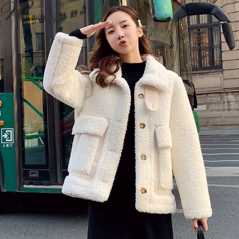 

Women Lambwool Winter Jacket 2023 Korean Fashion Warm Single Breasted Cropped Coat All-Match Casual Long Sleeve Fur Coat Outwear