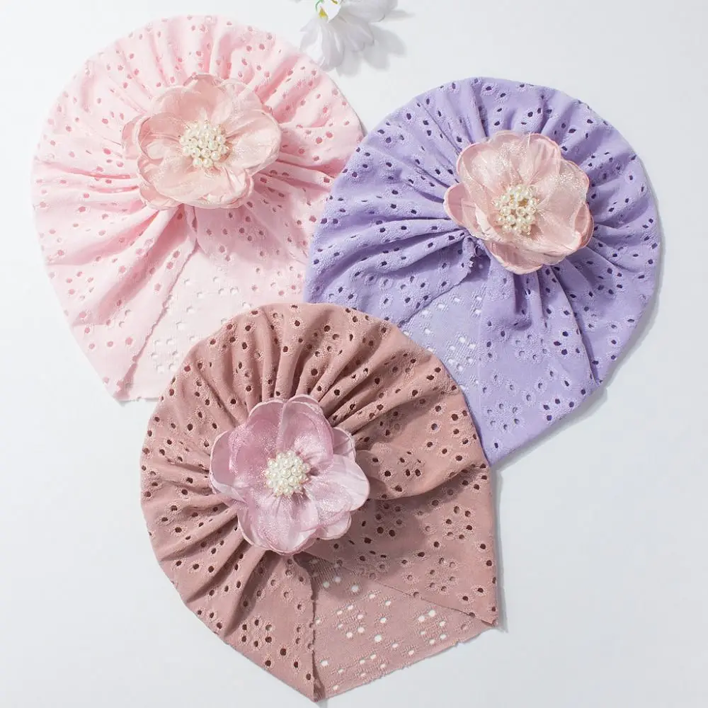 Lovely Lace Flower Hat Hollow Breathable Newborn Indian Cap Elastic Girls Turban Hair Accessories