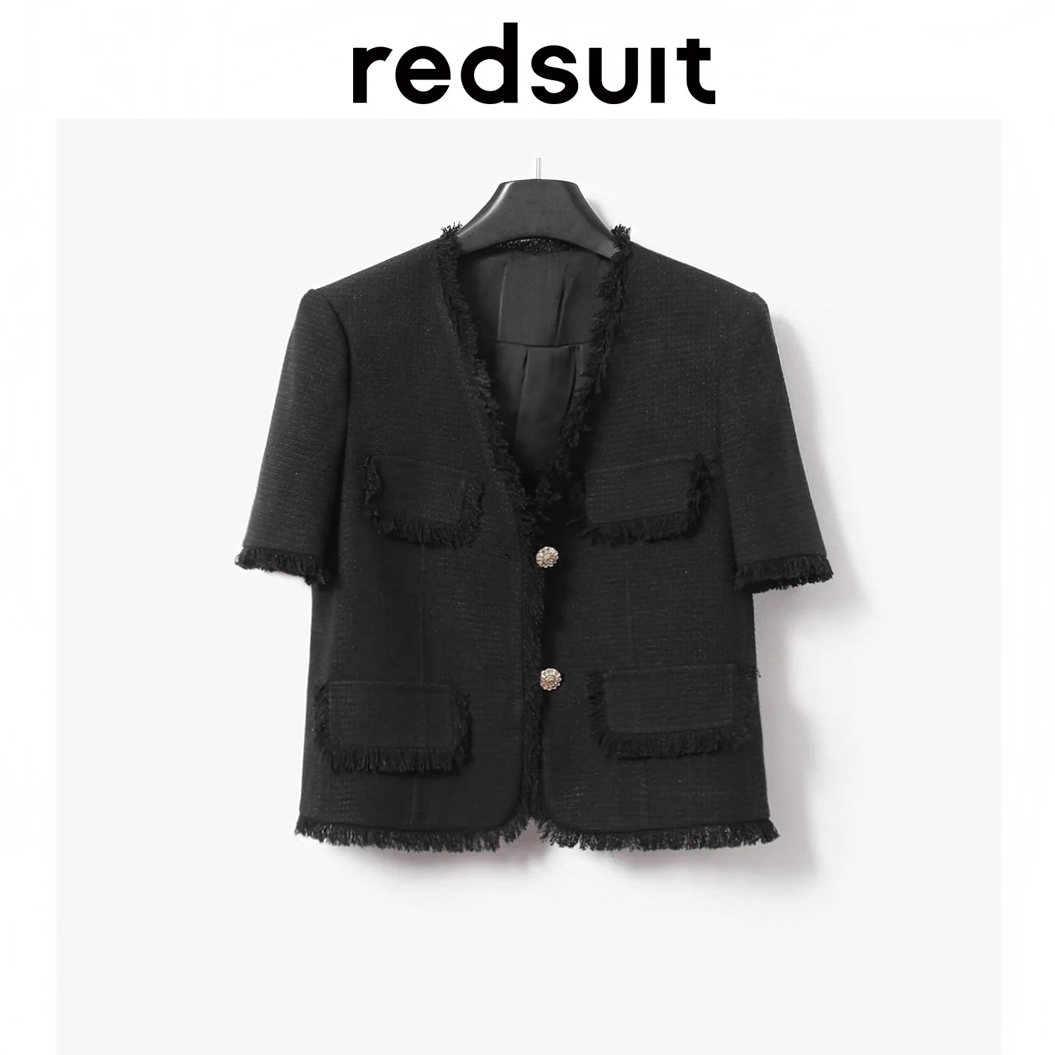

Soft Sa Can Show Thin Fragrance Black Thin Short-sleeved Coat Temperament Fringe V-neck Top Summer