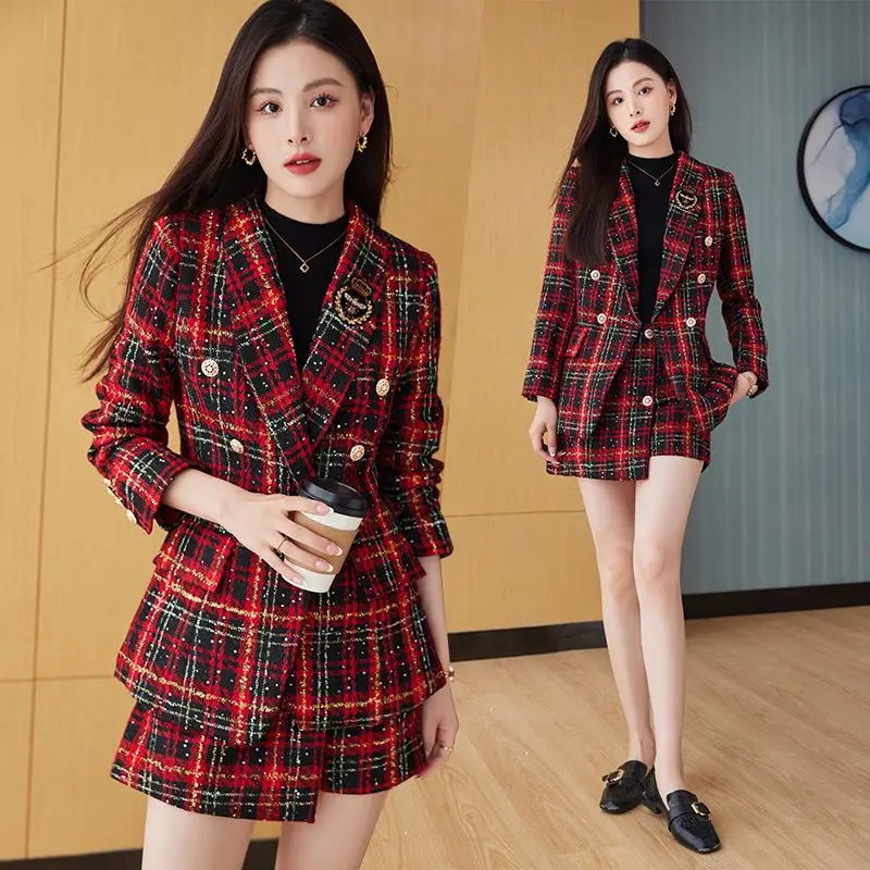 Autumn Winter Small Fragrance Plaid Ladies Two-piece Sets Tweed