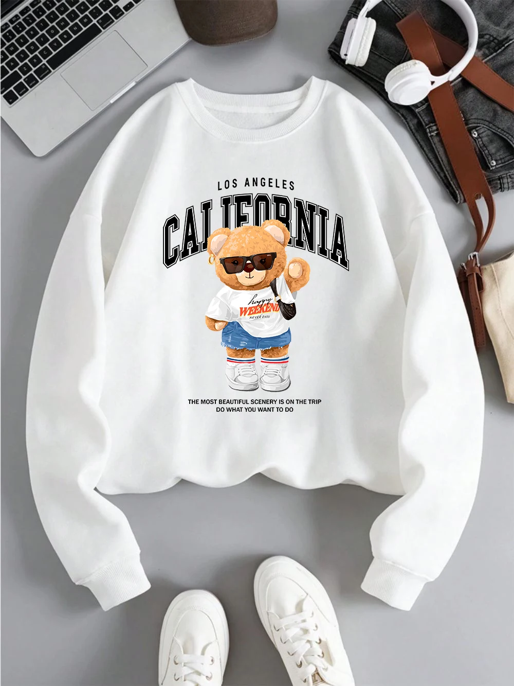 Autumn Winter Womens Pullover California Letter Trend Bear Printing Hoodie Loose Crewneck Warm Fleece Sweatshirt Street Clothing 2