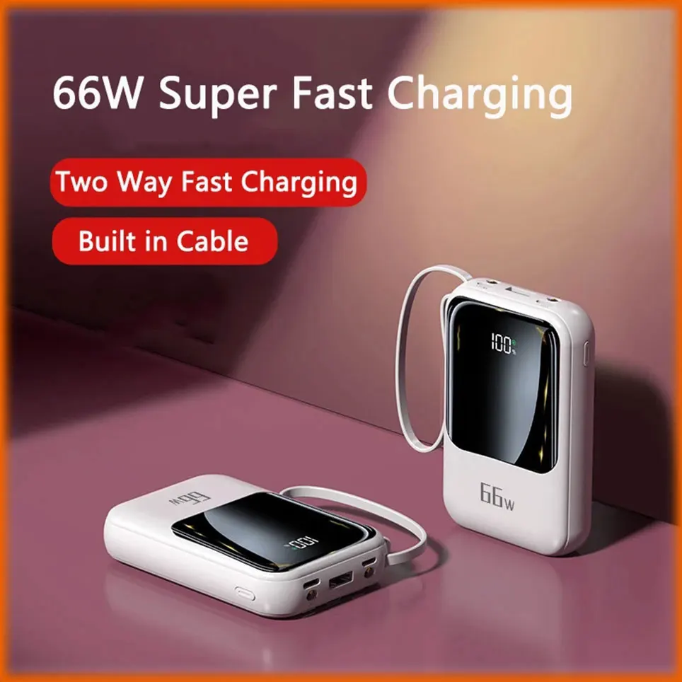 

20000mAh Mobile Power Supply Built-in Cable 66W Ultra Fast Charging Power Bank Waterproof Portable Phone Accessories