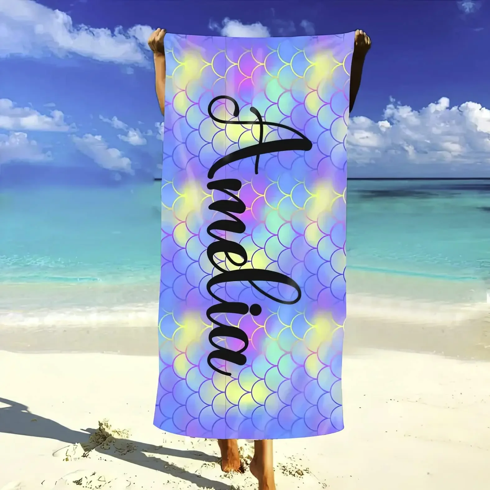 

Mermaid Custom Name Diy Fish Scales Beach Towel Personalised Bath Towels for Microfiber Quick Dry Sand Free Outdoor Travel Swim