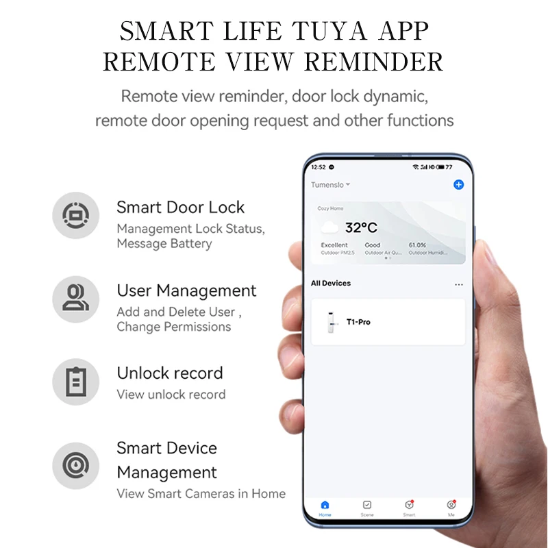 PHIPULO Tuya App Smart Door Lock Digital Electronic Lock Smart Home Wooden Door Lock Biometric Fingerprint
