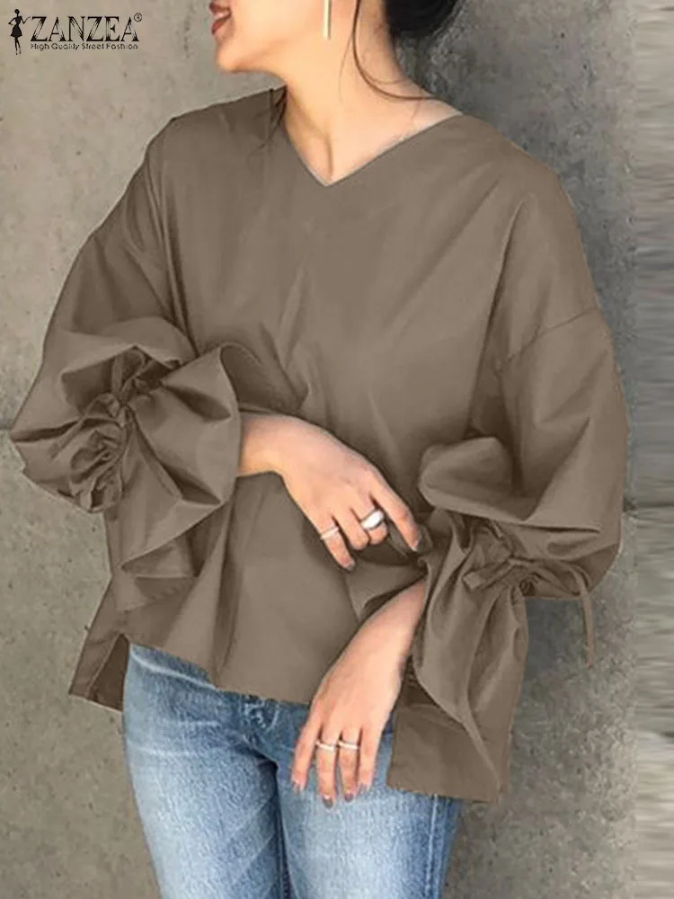 

ZANZEA Spring Casual Flare Sleeve Blouse Woman V-Neck Tied Cuffs Tops Fashion Party Tunic Shirt Female Elegant Work Blusas Mujer