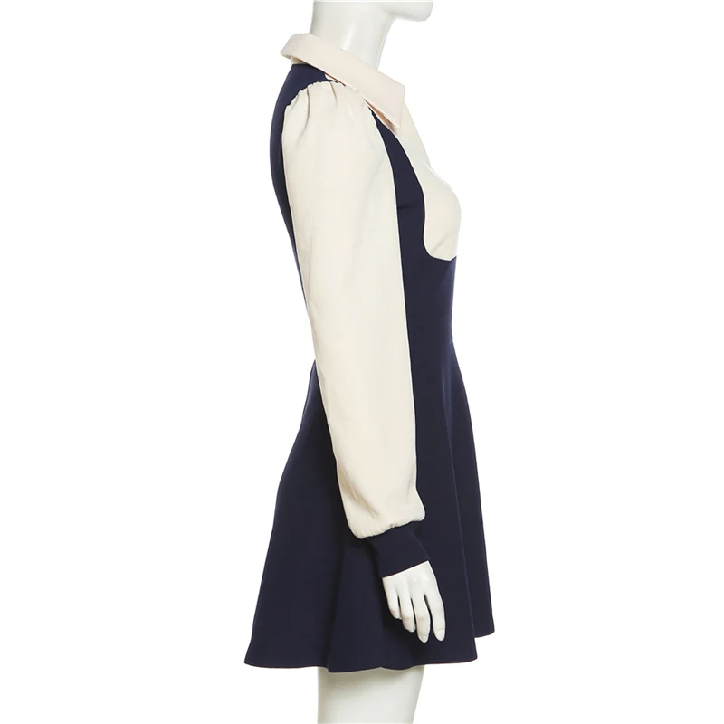 Autumn and Winter New Women Solid Slim High Waist Fashion Contrast Collar Long Sleeve Dress