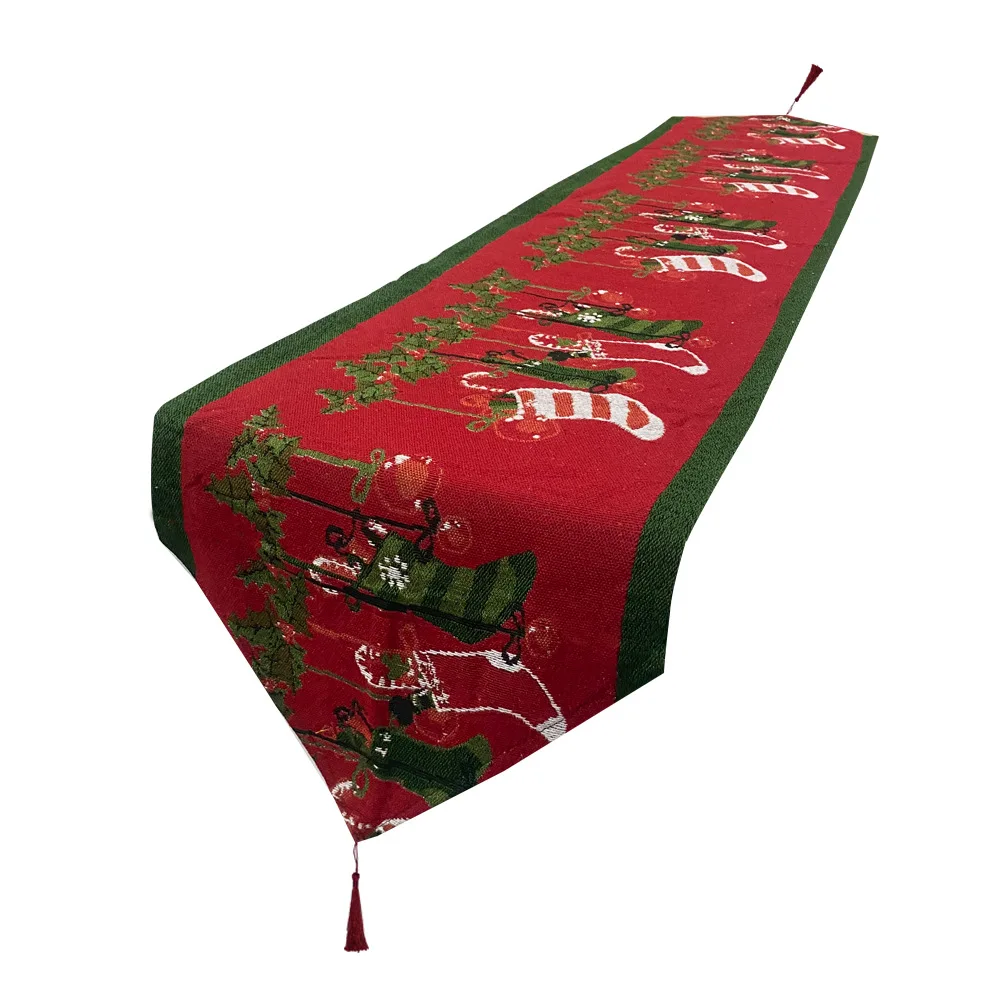 

Inyahome Christmas Socks Pattern Jacquard Table Runner with Tassels Table Cloth for Christmas Dinner Party Home Decorations