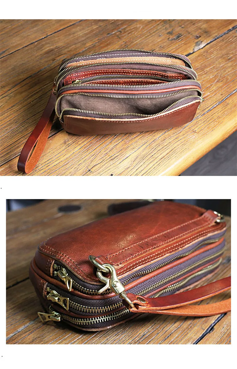 High-quality natural real cowhide men's clutch bag original designer handmade genuine leather large-capacity multi-zipper wallet