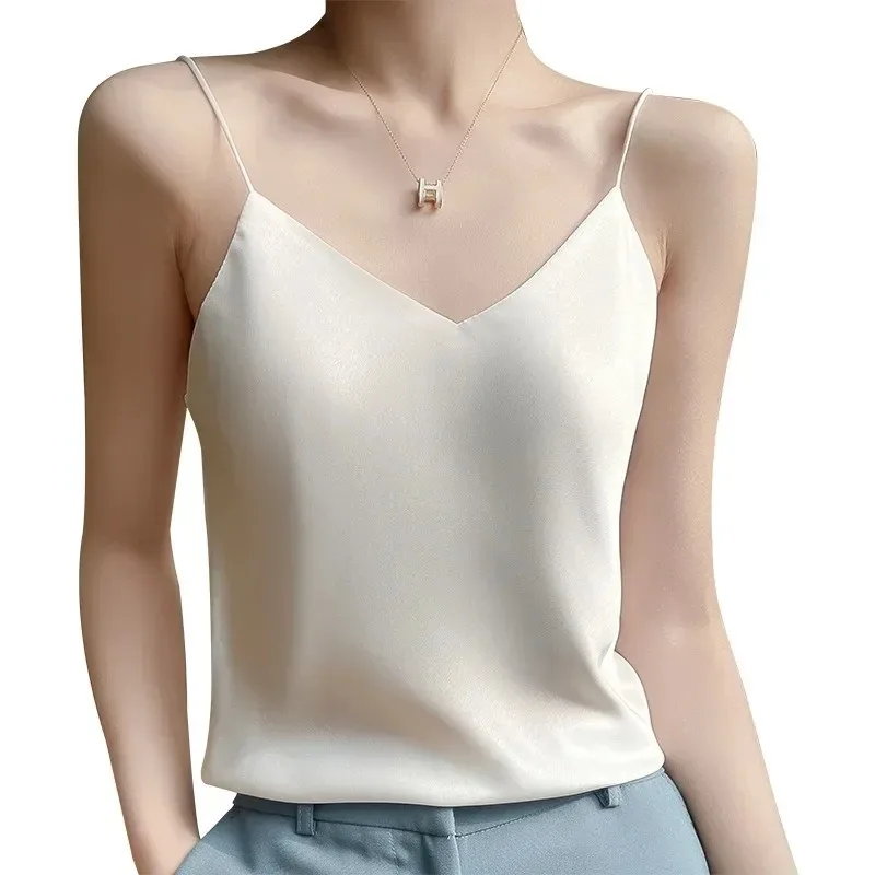 

White Basic Women Silk-Like Satin Tops Vest Summer Sexy Camis Tank For Ladies Strappy Camisole Top Shirts Grunge Femme Clothes