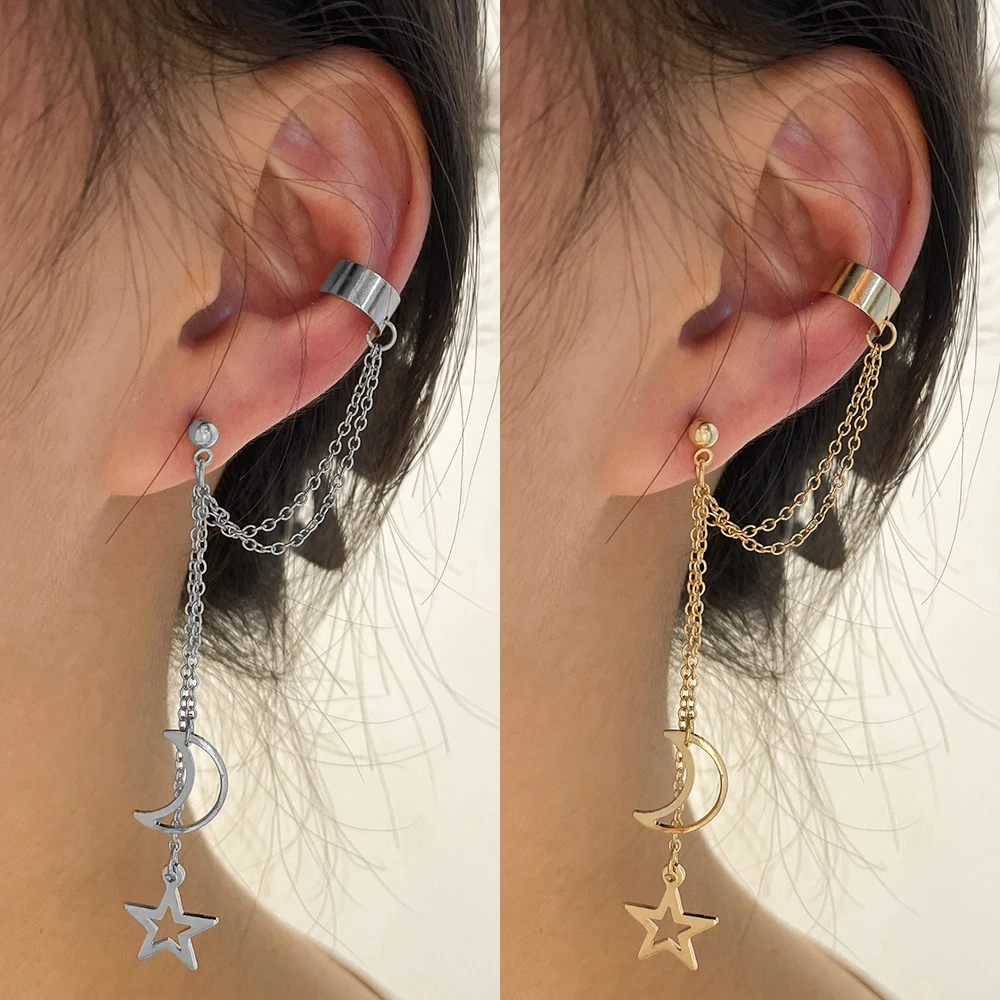 Vintage Pendant Metal Dangle Earrings with Long Chain Ear Clip for Women Silver Gold Color Star Moon Earring Jewelry