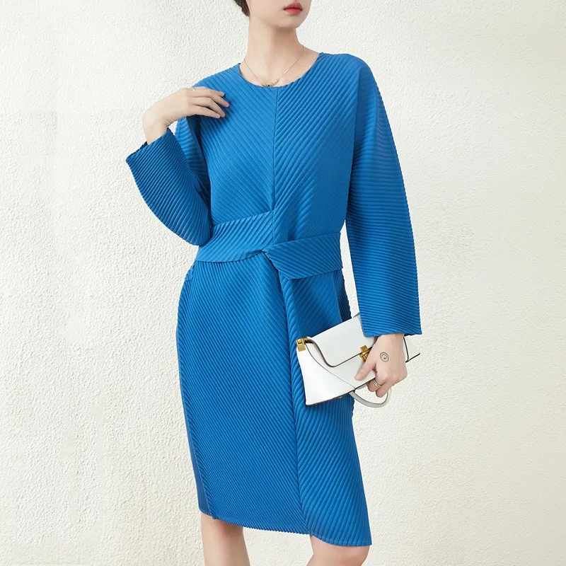 

ALSEY Miyake Pleated Plus Size Irregular Elegant Party Dresses for Women Belt High Waist Casual Round Neck Long Sleeve Dress