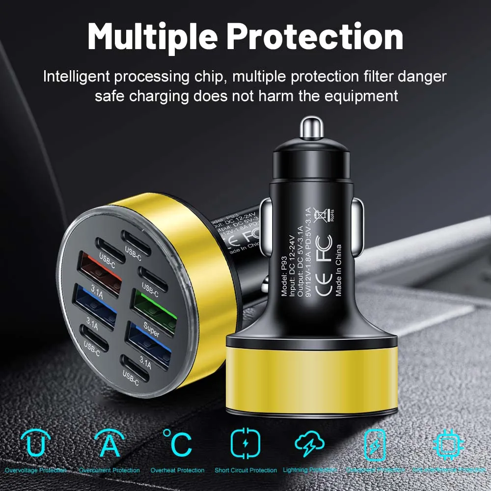 9 in 1 USB Car Charger Type C QC3.0 PD Car Chargers Phone Charger Adapter For iphone 15 14 Pro Max Samsung Xiaomi Huawei
