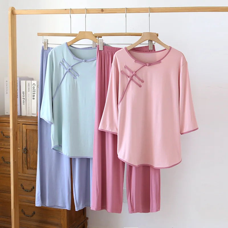 

Женский пижамный комплект из двух предметов в стиле ретро, новинка 2024, мягкая Модальная одежда для комнаты, пижамы, женская одежда для сна, свободный женский ночной комплект, повседневный домашний костюм