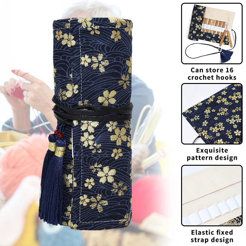 Portable 16 Holes Empty Knitting Needles Storage Bag Japanese Cotton Roll Bag Organizer for Carving, Sewing and Embroidery Tools