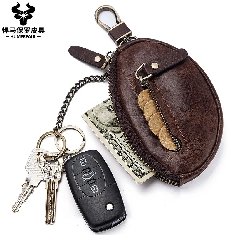 

HUMERPAUL Small Key Wallet Men 100% Genuine Leather Car Key Holder Top Quality Zipper Housekeeper Keys Organizer with Coin Purse