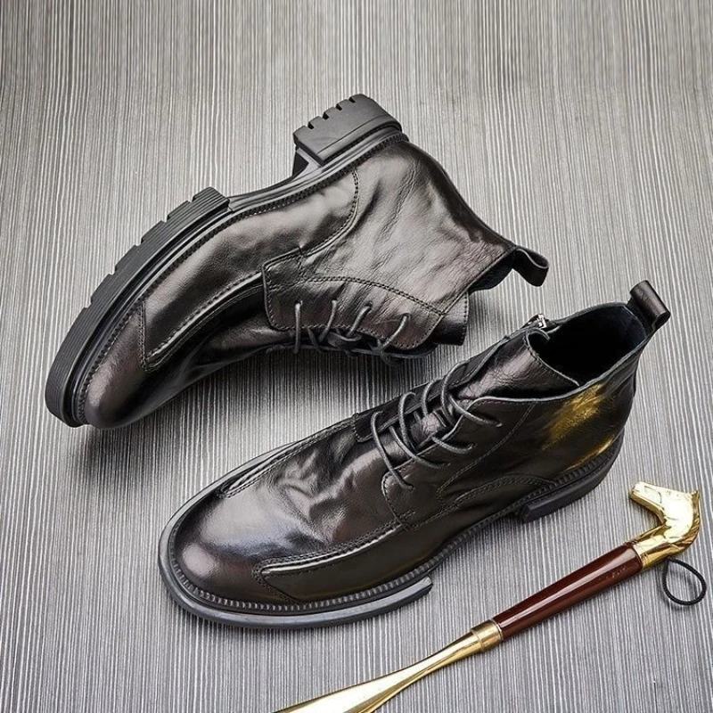 Men Side Zip Leather Boots High-top Thick Sole Shoes British Style Lace-up Comfortable Leisure Non-slip Footwear Bota Masculina