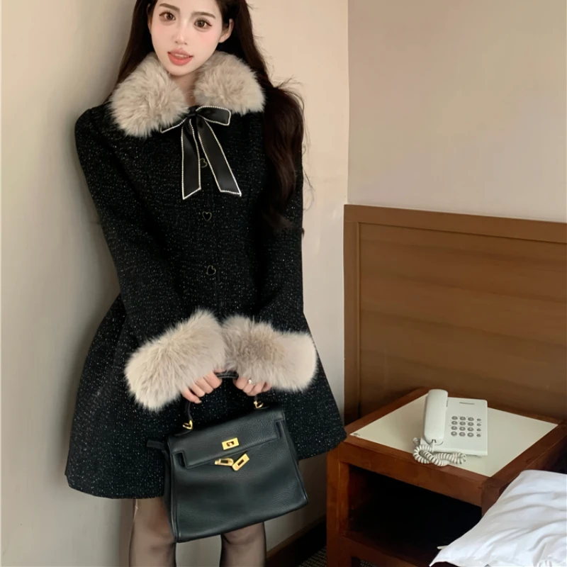 

Winter Elegant Long Sleeve Bow Princess Dress Sweet Warm Thickened Faux Fur Collar Woolen Dresses Women Vintage Mini Party Dress