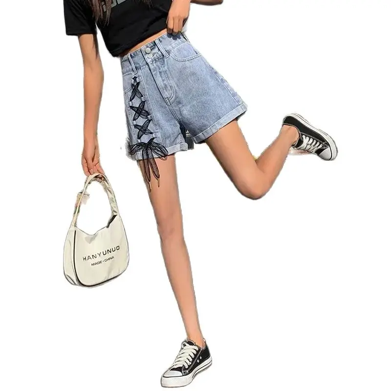 Denim Shorts Strap Double Buckle Flanging High Waist Female Summer Joker Trend Korean Fashion Light New.