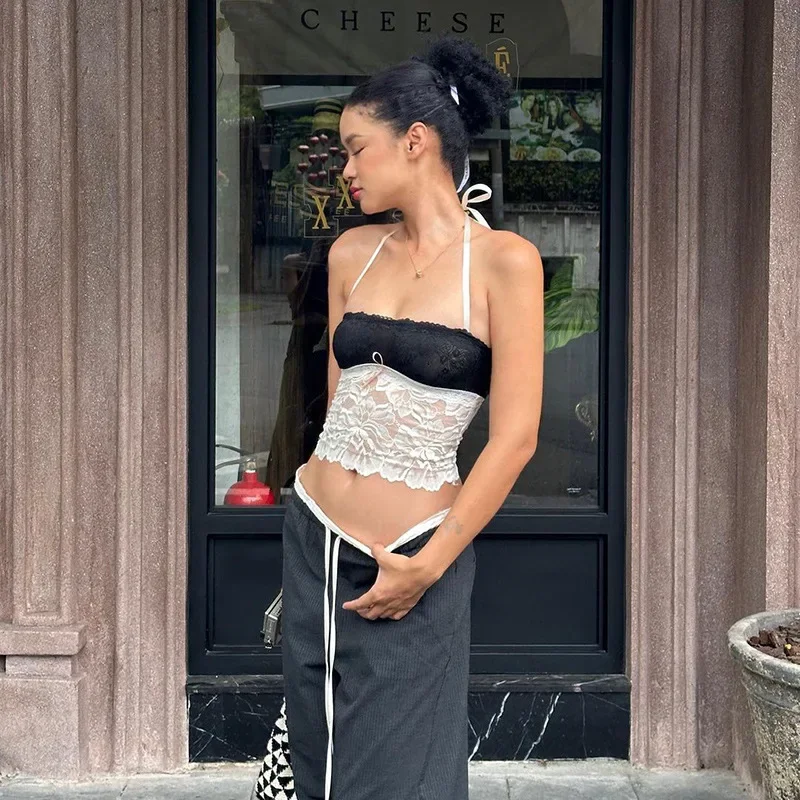 Halter Lace See-Through Crop Top Ruffled Contrast Tank Top - Y2K Fashion Patchwork Strapless Sexy Contrast Cropped Top