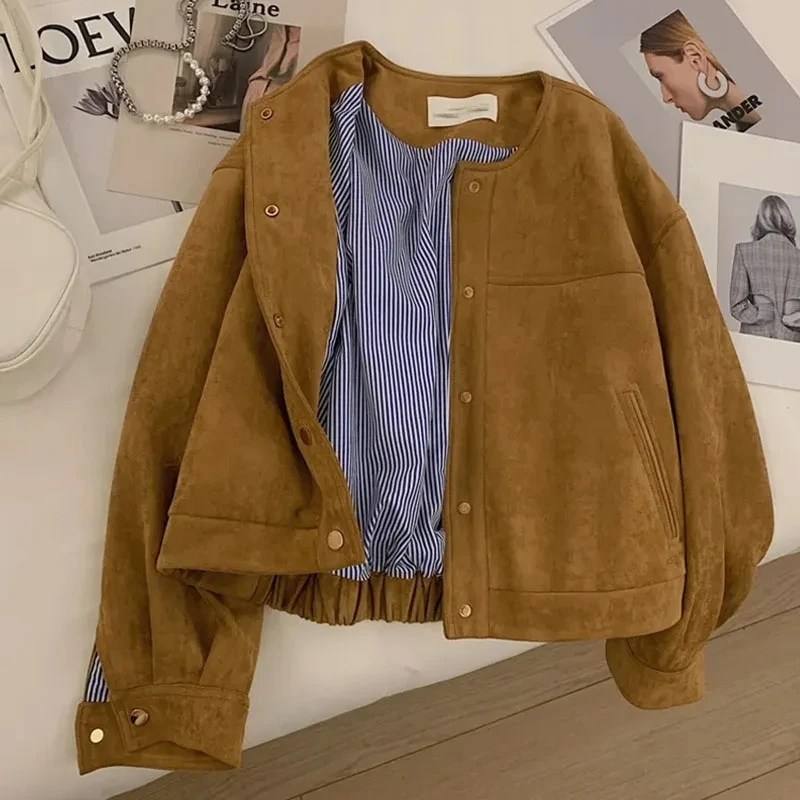 

Gidyq Women Suede Cropped Jacket Korean Streetwear Long Sleeve Camel Flight Suit Harajuku Vintage Female Metal Buckle Loose Coat