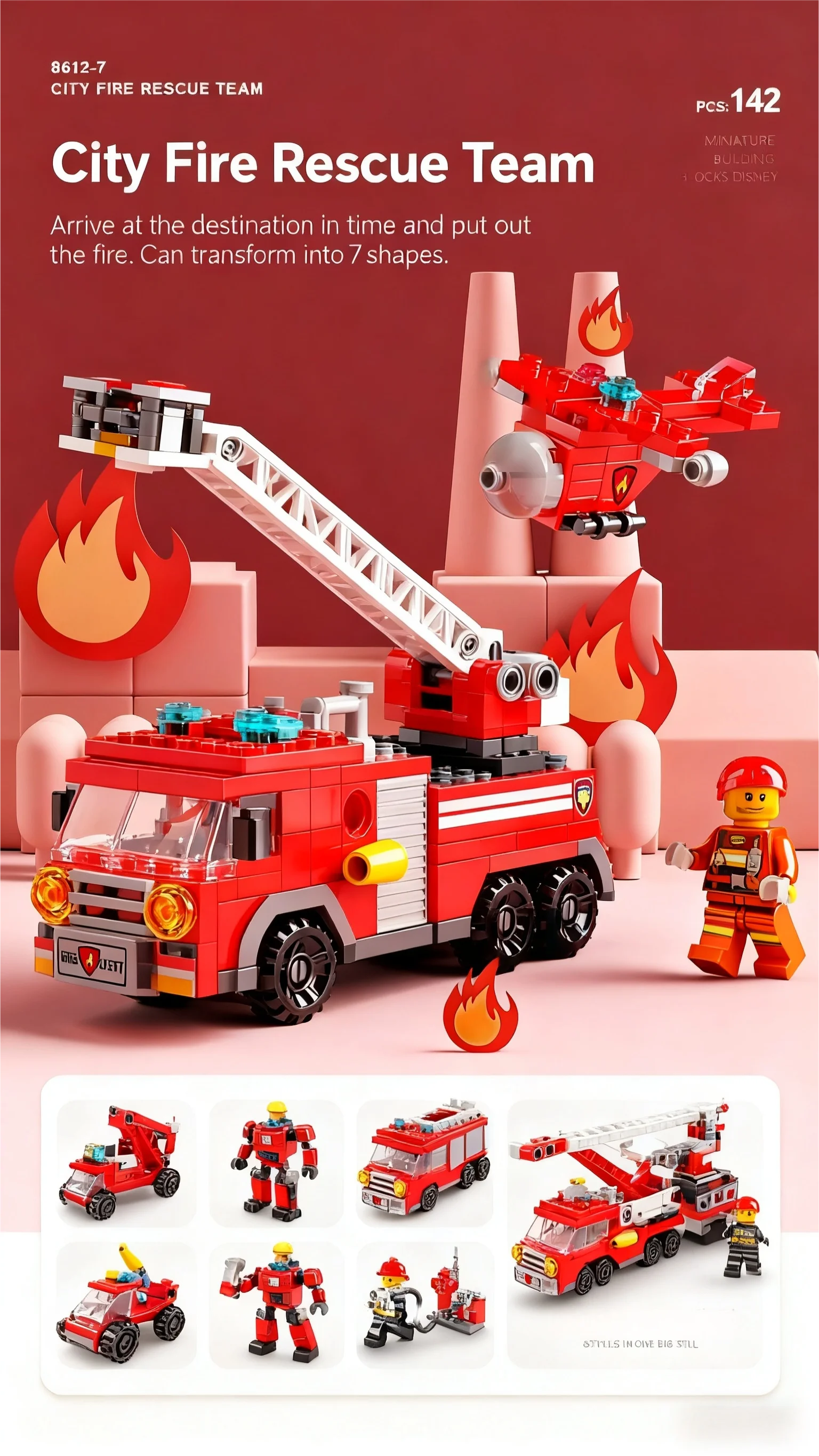 6 in 1 Mega City Building Set - Police Car, Fire Truck, Crane, Tank, Helicopter