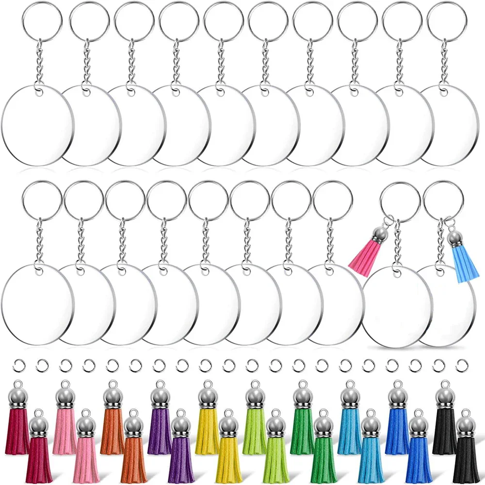 40PCS Acrylic Clear Circle Discs Keychain Set with Leather Tassel Pendant Jump Rings for Vinyl Kit DIY Keychain Vinyl Crafting 1