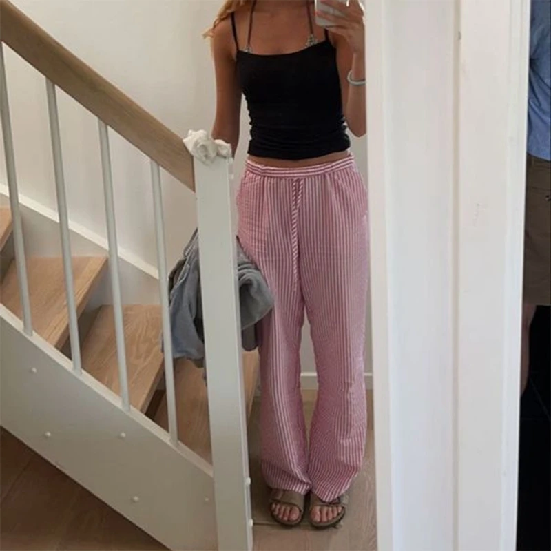 Pantalones anchos a rayas de moda elegante para mujer, ropa de calle coreana, informales, con cordón, de cintura alta, sueltos, rectos, largos, ropa de estar por casa