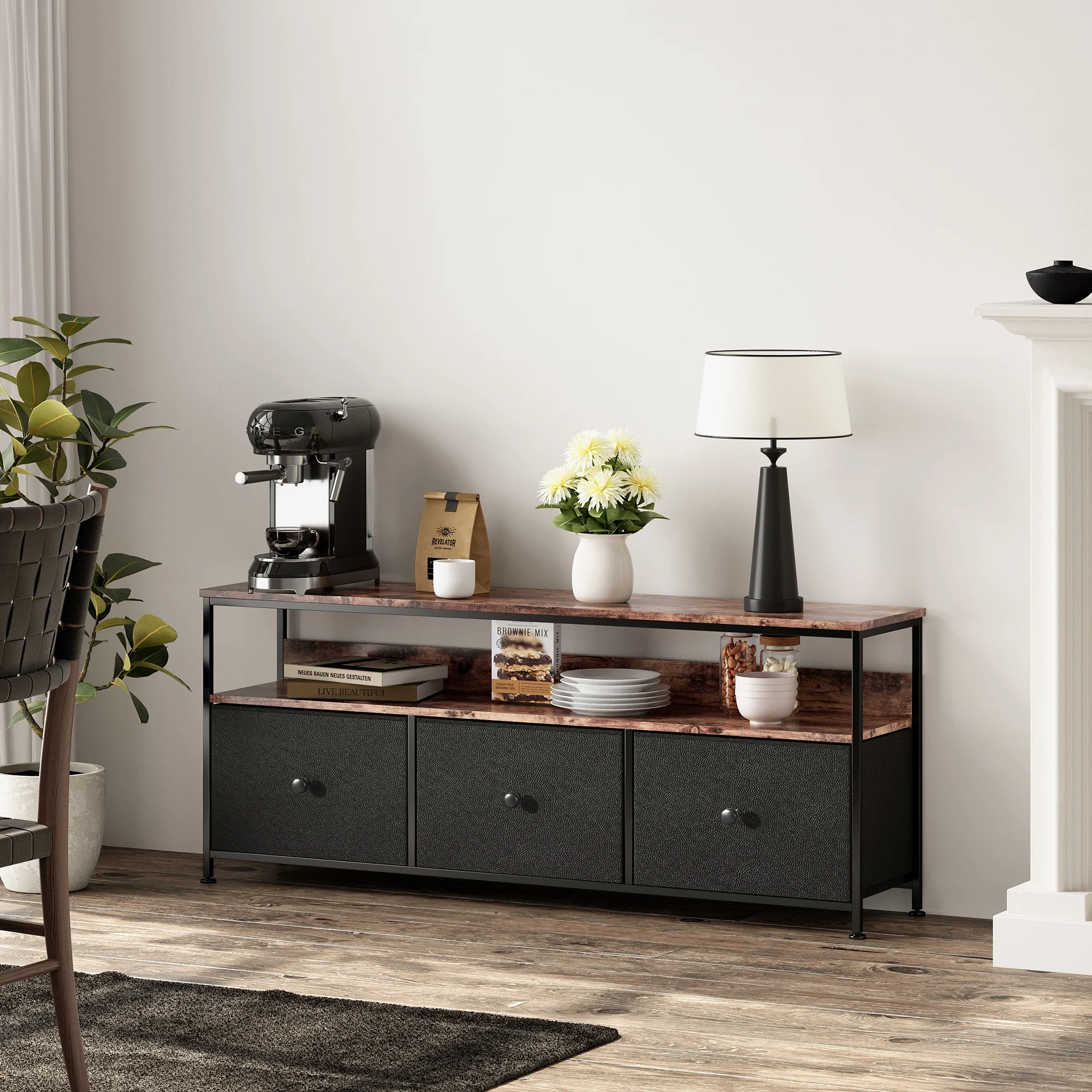 Anajqaqia 108cm TV-Schrank, Fernsehtisch mit LED-Schublade, TV-Ständer, Stauraum, Lowboard, 3 Schubladen – Detail 9