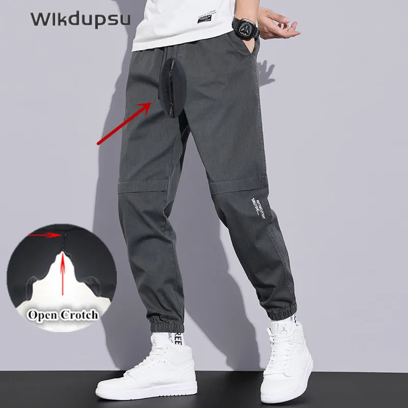 Spring Summer Cargo Pants Men's Trendy Sexy Invisible Double Zippers Open Crotch Outdoor Sex Clothes Overalls Harem Trousers