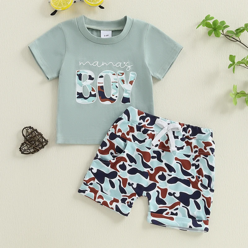 -01-13 Lioraitiin Toddler Boys Summer Shorts Sets Short Sleeve O Neck Letter Print Tops and Camouflage Shorts Sets