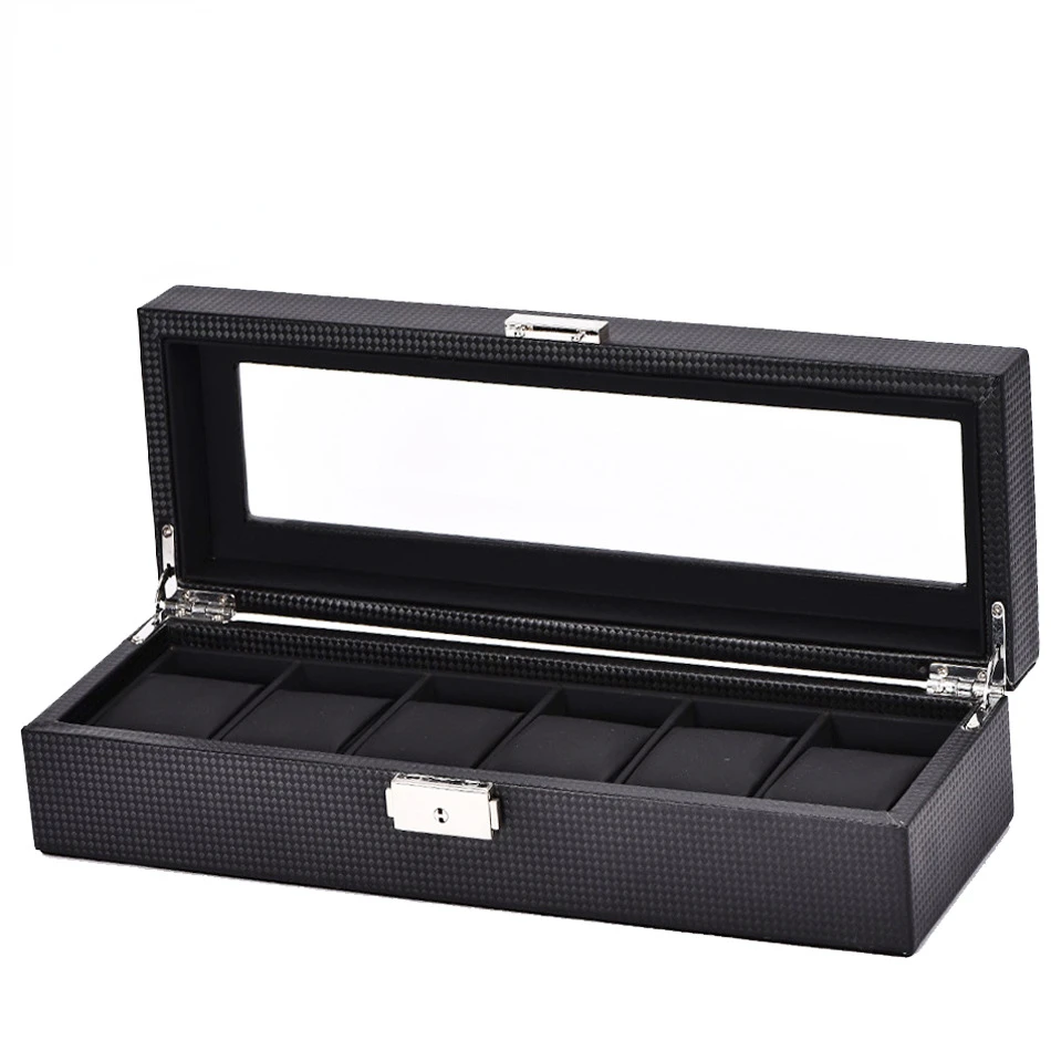 

High grade carbon fiber 6-position Black Leather six compartment watch storage box