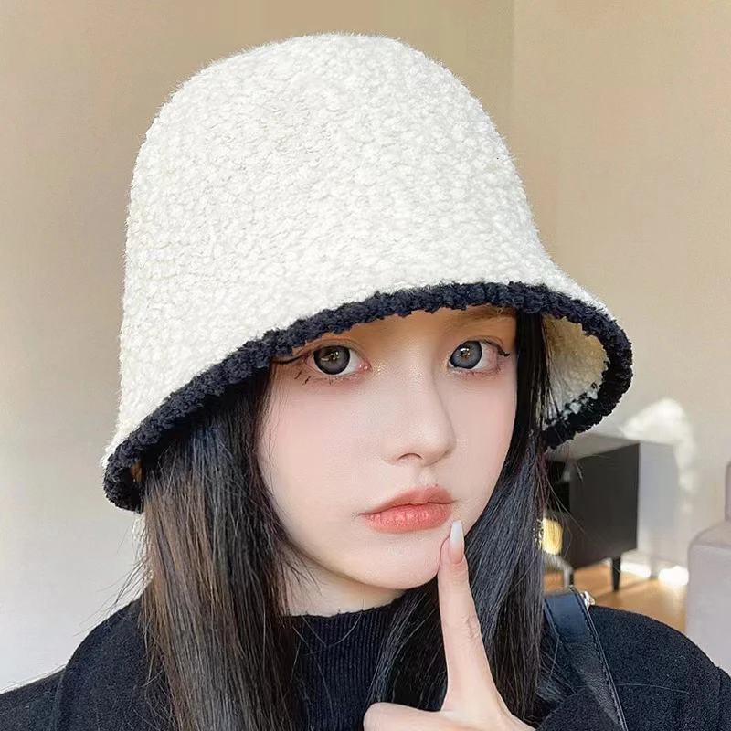 

Autumn Winter Fashion Knitted Plush Thick Warm Bucket Cap For Girls Outdoor Windproof Fordable Fluffy Fisherman Hat Solid Caps