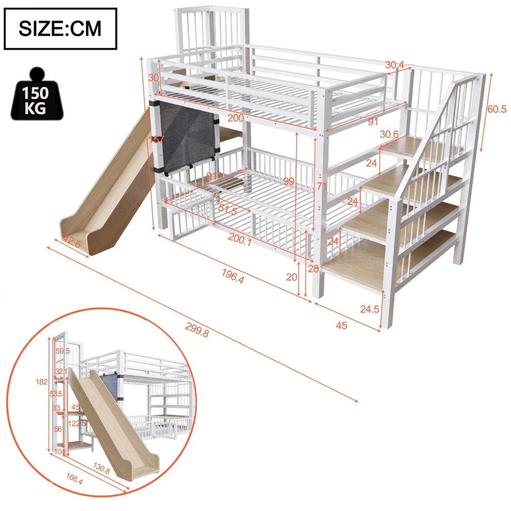 90*200cm Metal Bed for Children, with Slide and Storage Staircase, Bunk Bed with Protective Lattice Door, Integrated Shelves