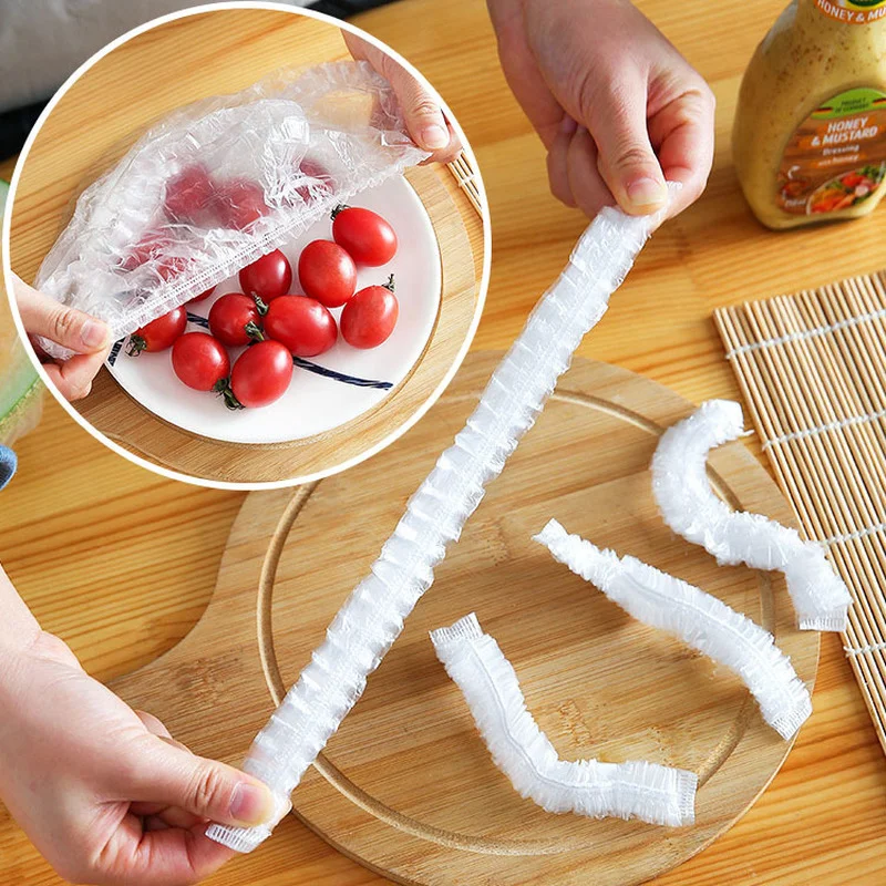 

50/100pcs Disposable Food Cover Plastic Wrap Reusable Elastic Food Storage Lids Kitchen Fruit Fresh Keeping Saver Bag Shower Cap