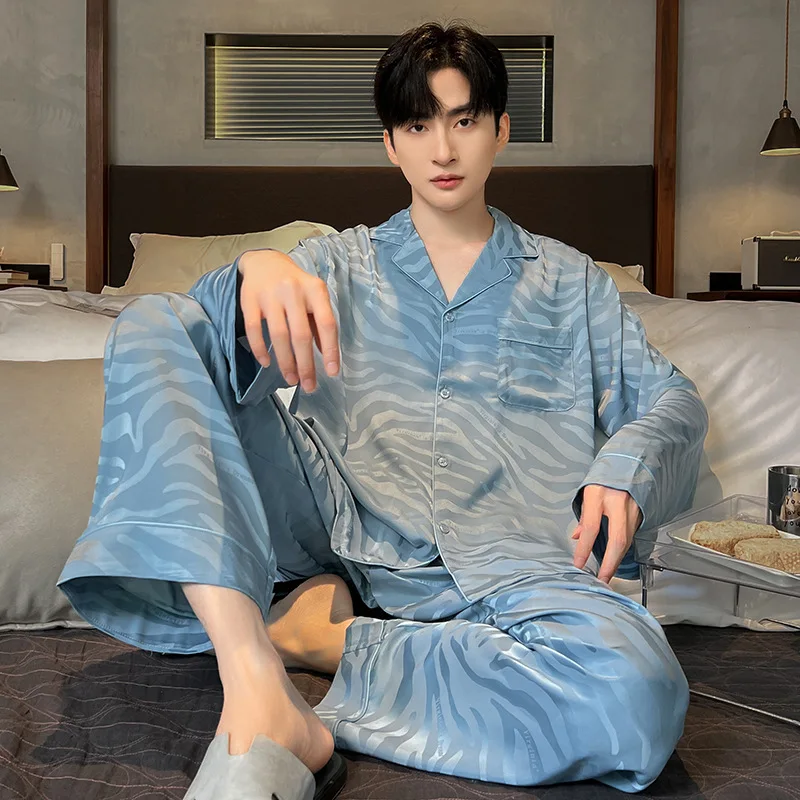 Spring Autumn Men's Thin Imitation Silk Pajamas Long Sleeve Cardigan Pants Oversized Home Clothing Set Luxury Jacquard Sleepwear pajamas set women pure cotton gauze thin long sleeves ladies sleepwear small fresh comfy spring autumn cardigan home clothing