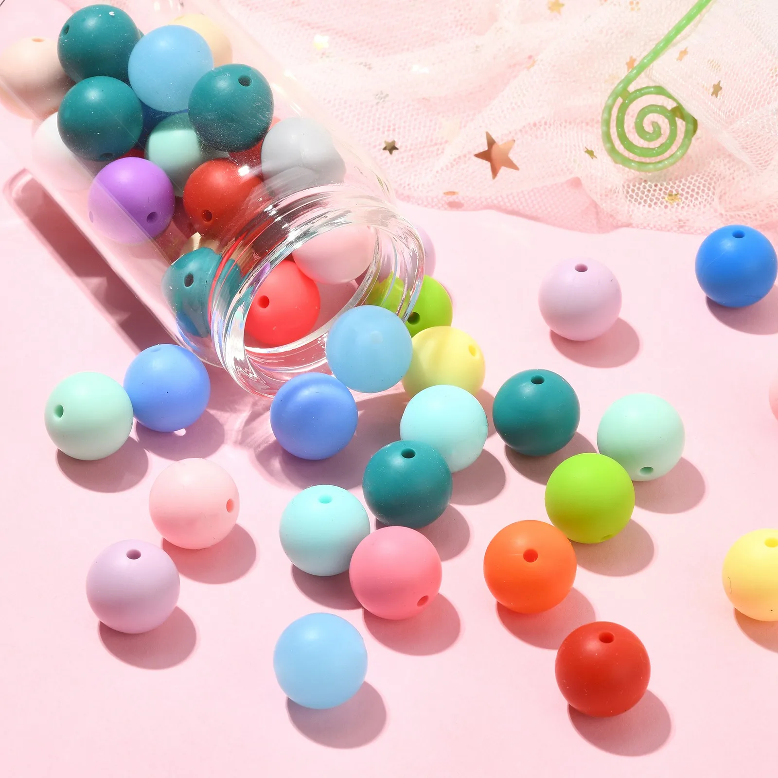 100Pcs Random 15mm Round Silicone Beads Candy Color Rubber Round Loose Beads Silicone Beads for Jewelry Keychain Making