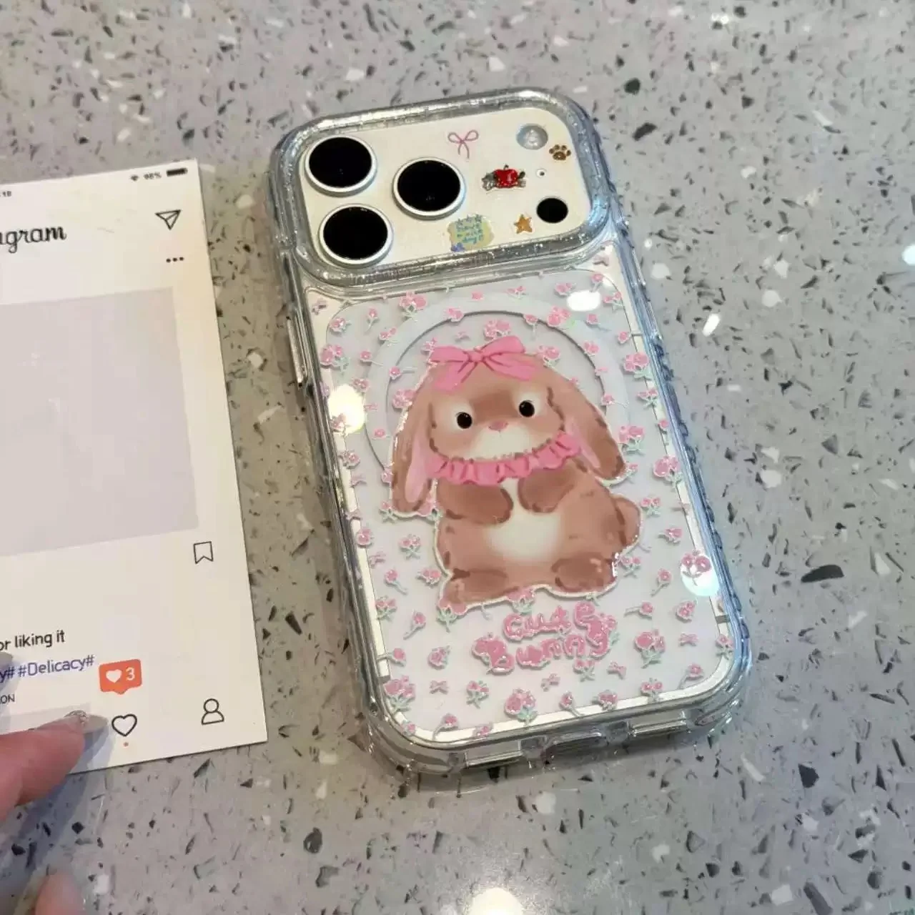 Korean Little Flower Rabbit Magnetic Phone Case with Magsafe Holder - Shockproof Cover