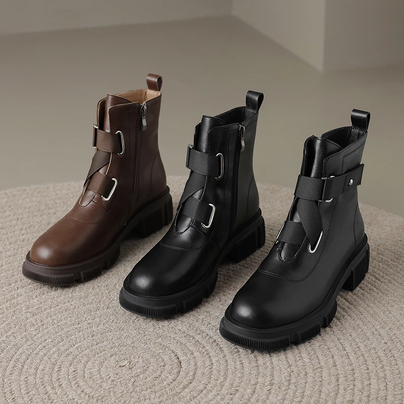 

2023new autumn winter Women ankle boots natural leather 22-24.5cm cowhide+pigskin modern boots lace up thick heel platform boots