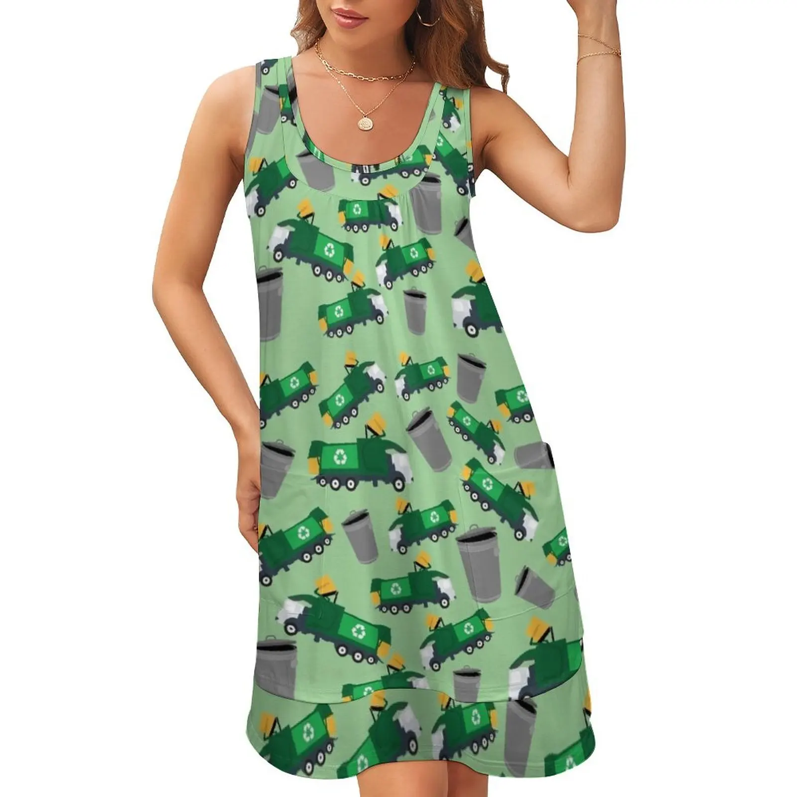 

Recycling Garbage Truck Pattern Sleeveless U-Neck Fake Two Piece Dress women's clothing trend 2024 Bridesmaid dress woman