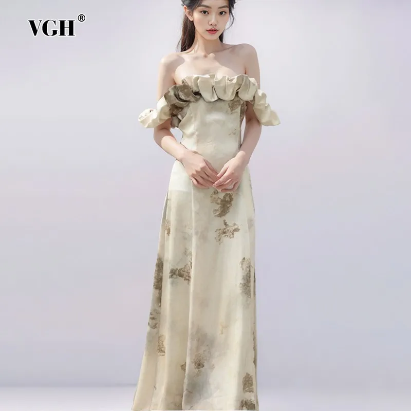 

VGH Hit Color Patchwork Ruffle Slimming Dress For Women Slash Neck Off Shoulder Sleeve High Waist Temperament Dresses Female New