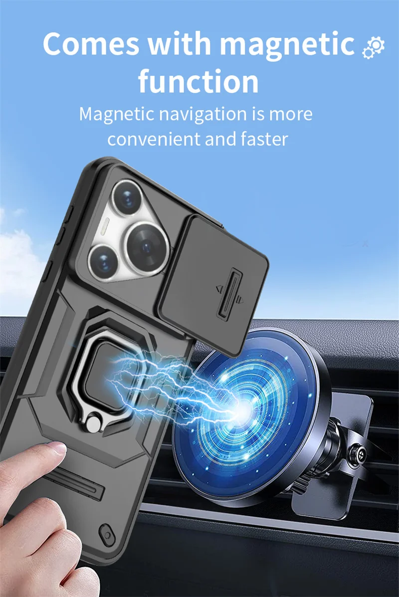 Shockproof Armor Phone Case with Slide Camera Lens Protector and Built-In Ring Stand
