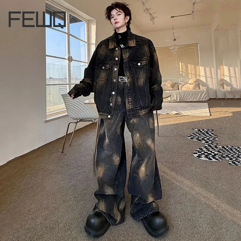 

FEWQ Ripped Men's Denim Suit New Male Denim Jackets Contrast Color Stylish Turn-down Collar Patchwork Men Wide Leg Jeans 9C4674