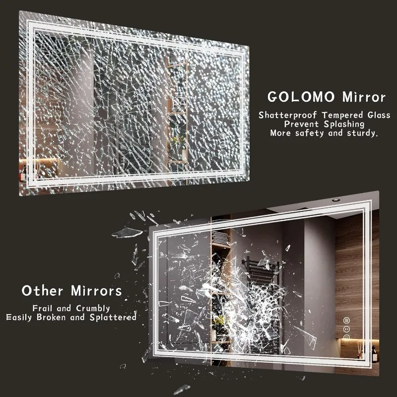 LED Bathroom Mirror for Wall 72x40 Large Lighted Vanity Mirror with Lights Dimmable Anti-Fog Shatter-Proof Front Lights