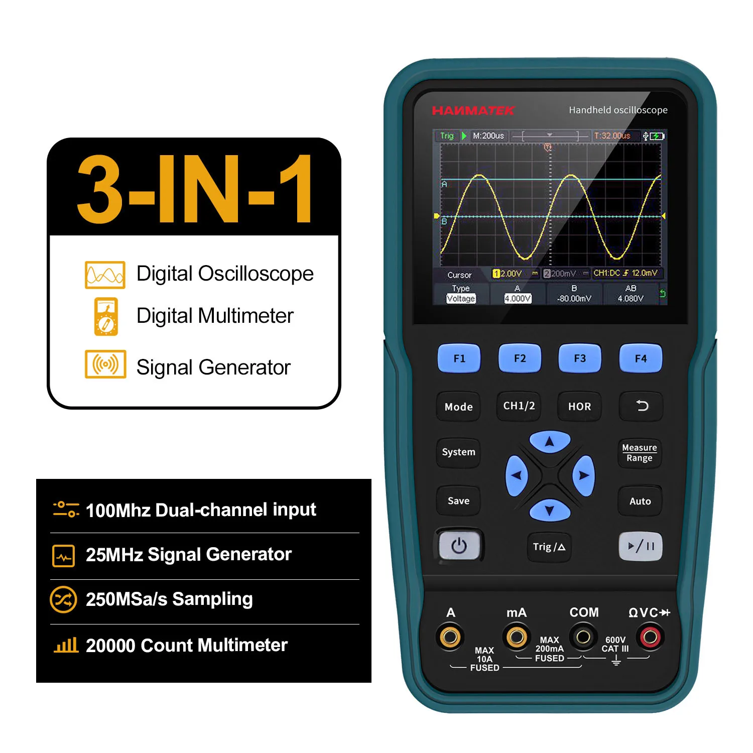 HANMATEK Handheld Digital Oscilloscope 100Mhz Bandwidth with 2 Channels  HO102 3.5TFT Mini Oscilloscope, 2 in 1 Oscilloscope and Multimeter,  Backlit