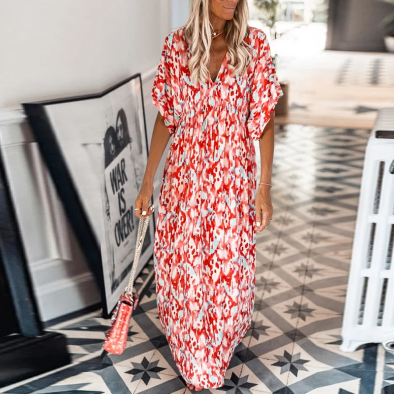 

Women Summer Short Sleeve Loose Dress Sexy V Neck Female Printing Boho Beach Dress Elegant Fashionable Long Party Dress Vestidos