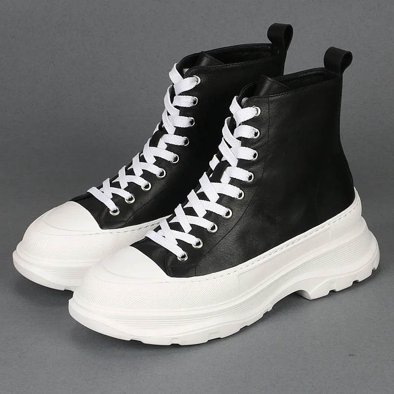 

New men's leather casual trend high top board shoes British lace-up all match thick sole heightening platform shoes