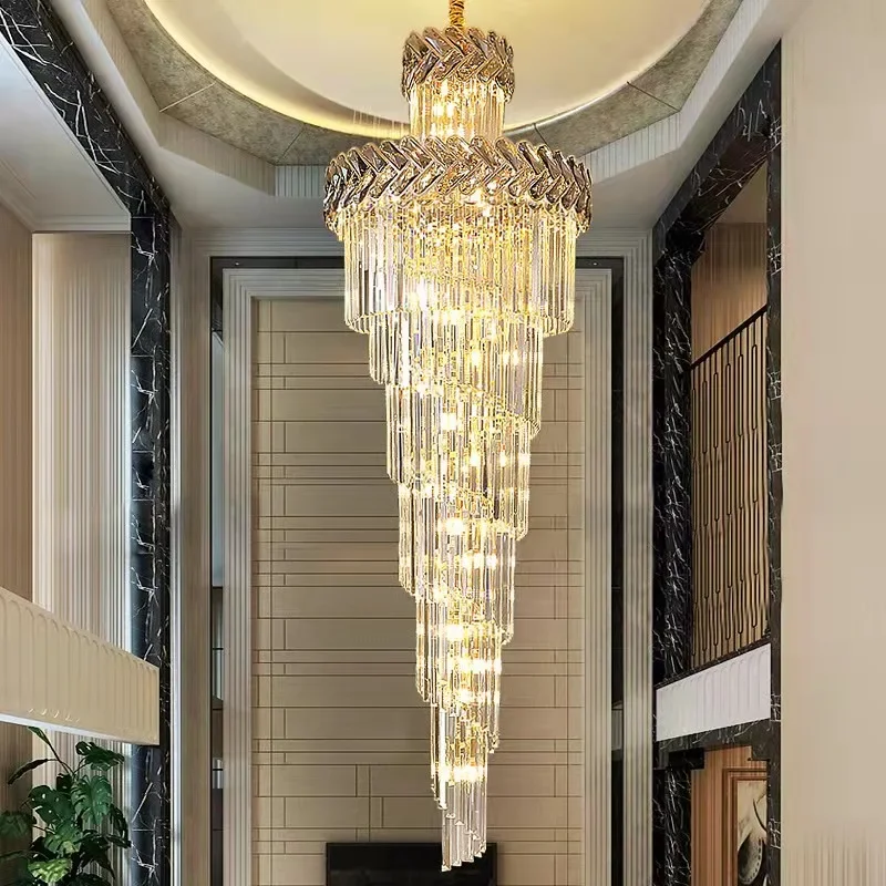 

Top Luxury Villa Hall Chandelier Living Room Long Staircase Lighting Smoky Gray Crystal Led Lamp Gold Loft Hanging Light Fixture